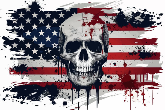 America Flag painted on a skull head Vector Illustration. Made in the USA stamp, T-Shirt grunge graphics.