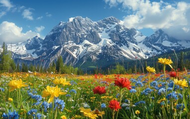 A field of flowers with mountains in the background. The flowers are yellow, blue, and red