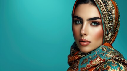 Beautiful amazing Iran woman on studio background. Copy Space.