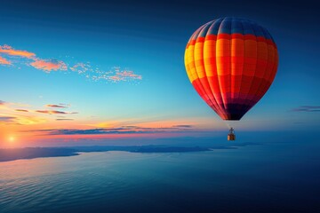 Fototapeta premium Hot air balloon in flight above ocean during sunset