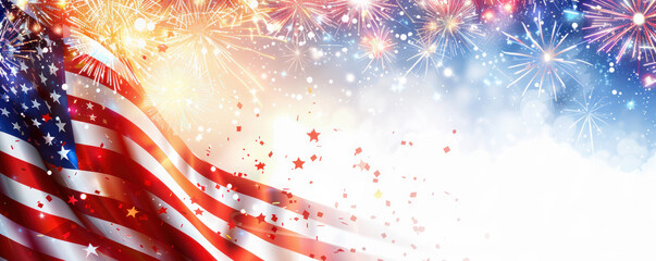 Independence Day Celebration. Vibrant fireworks explode in a dazzling display above the American flag, symbolizing the joy and patriotism of the Fourth of July.