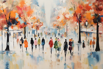 Digital painting of people walking in the city. Colorful abstract background