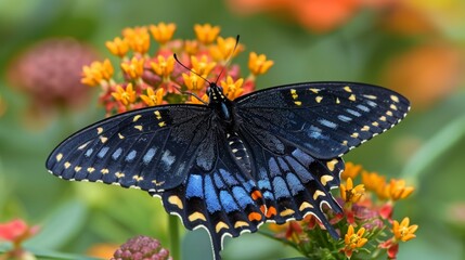 A butterfly with blue and black wings is sitting on a flower