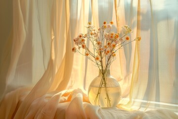 A vase of flowers sits on a table next to a curtain. The flowers are yellow and white and are in a clear vase. The scene is bright and cheerful
