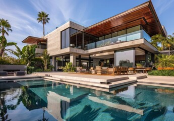 Obraz premium A large house with a pool and a patio. The pool is surrounded by trees and the patio has a lot of furniture