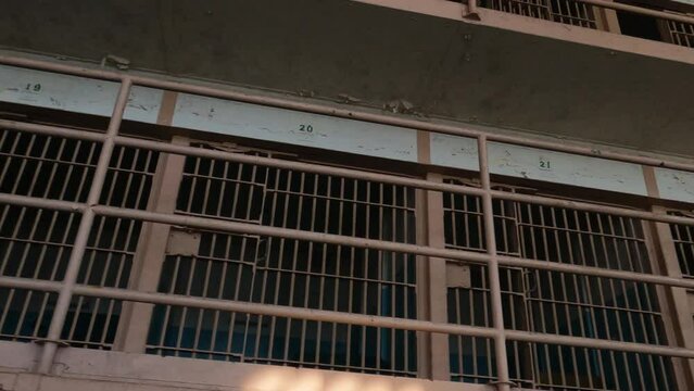 Alcatraz Prison Interior, B Block of Cellhouse, Closed Prison Cells and Gallery, Panorama, California USA