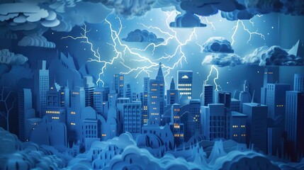 A papercut scene showing a city experiencing extreme weather, with paper lightning and storm clouds, symbolizing climate change.