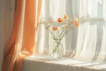 A vase of flowers sits on a windowsill, with the sunlight streaming in and casting a warm glow on the scene. The flowers are in a clear glass vase, and the window is open
