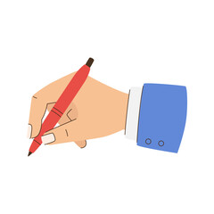 A hand is holding a red pen and writing