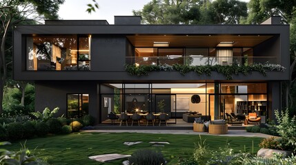 A modern house with black walls, wooden windows and doors, a large terrace on the first floor , dining table for four people, lawn. 