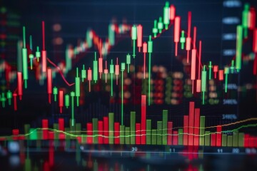 Fototapeta premium Red and green candlesticks representing stock market volatility of crypto trading as tools for analysis up and downtrend using technical price graph Crypto currency investments