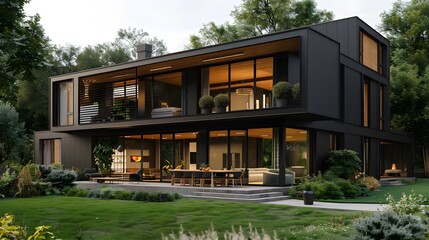 Fototapeta premium A modern house with black walls, wooden windows and doors, a large terrace on the first floor , dining table for four people, lawn. 