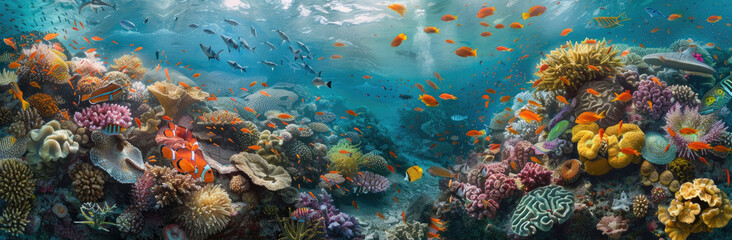 An active underwater scene showcasing a variety of fish species swimming among colorful coral formations on a vibrant coral reef