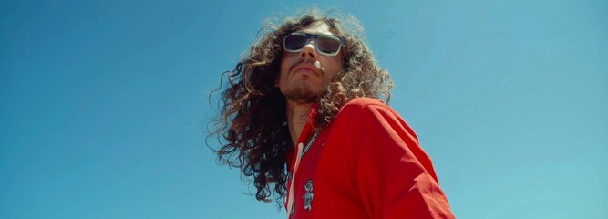 A man with curly hair and sunglasses stands in front of a blue sky. He is wearing a red swater. Cinematic scene