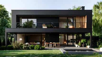 A modern house with black walls, wooden windows and doors, a large terrace on the first floor , dining table for four people, lawn. 