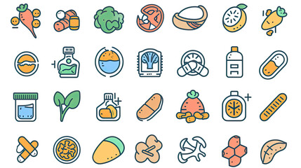 Vitamin A , B, B1, B2, B3, B5, B6, C, D, K, E and  icon set It included energy boost, benefits, cells, mood, immune system, and more icons Editable Vector Stroke