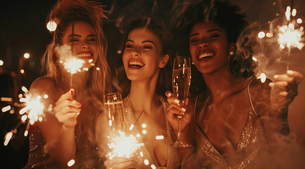 a group of beautiful women celebrating at the club with champagne and sparklers, they all have long...