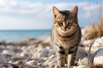 Obraz premium Environmental portrait photography of a curious tabby cat exploring while standing against beach background