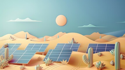 Fototapeta premium A layered papercut showing solar panels in a desert, capturing the harsh environment yet sustainable energy solution.