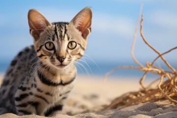 Obraz premium Studio portrait photography of a bored savannah cat playing over beach background