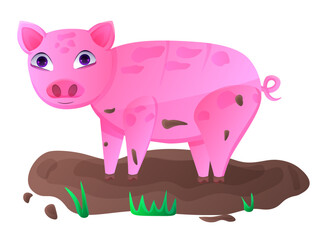 Little pig character in muddy puddle