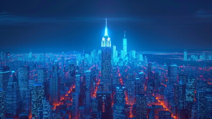 Fototapeta premium A cityscape with a tall building in the center and a bright blue sky