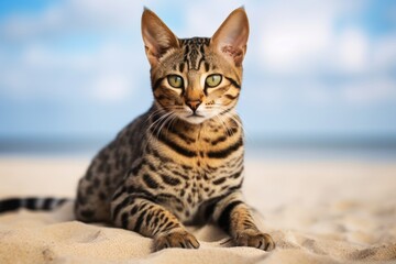 Obraz premium Studio portrait photography of a bored savannah cat playing in beach background