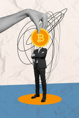 Collage image picture of handsome man with folded arms golden bitcoin coin instead face isolated on...