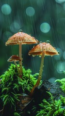 Fototapeta premium Two mushrooms are sitting on a green mossy ground