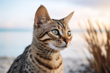 Obraz premium Close-up portrait photography of a funny savannah cat corner rubbing while standing against beach background