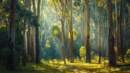 eucalyptus forest bathed in soft sunlight, with tall eucalyptus trees stretching towards the sky and casting dappled shadows on the forest floor, creating a tranquil and serene natural scene. - Powered by Adobe