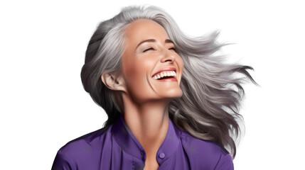 Joyful mature woman with silver hair, laughing, transparent background, happy, carefree