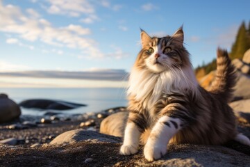 Medium shot portrait photography of a funny norwegian forest cat stretching a back in beach background