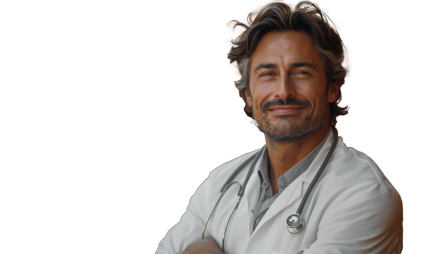 Confident doctor smiling against transparent background