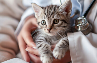 A striped gray kitten in the caring hands of a veterinarian, symbolizing trust and the importance of pet healthcare