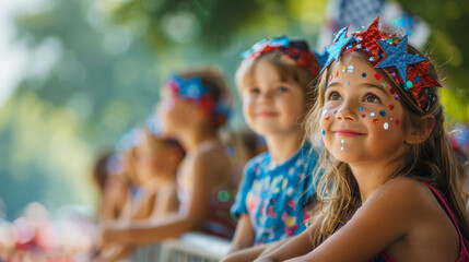 Smiling children wearing festive star-spangled headbands at a 4th of July celebration