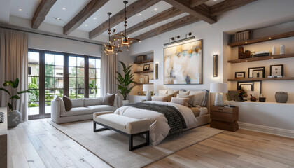 3d rendering of modern bedroom with wood ceiling and large picture frame on wall above bed, floor to cieling windows on left side