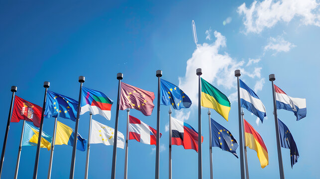 flags of european union countries with flagstaffs all in one line