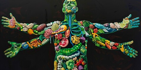 Vivid portrayal of human form with body parts as diverse foods, emphasizing health and nutrition.