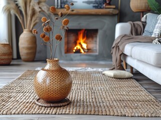 Wooden vase with a woven texture and natural elements placed on the floor in front of a sofa against a fireplace, home interior design of a modern living room in the style of modern design,Modern 