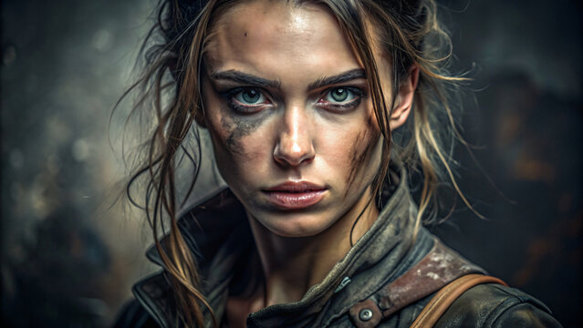 Close-up portrait of a beautiful woman with long dark hair and striking eyes, showcasing her glamorous makeup in post apocalyptic theme - Powered by Adobe