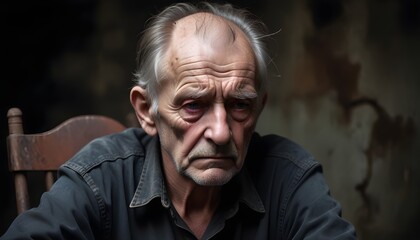 Obraz premium A close up shot of an old and man, look too tired and stressed, sitting on an old rusty chair, depicting depression.
