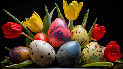 Easter Eggs Tulips Bunnies Flat Lay Banner Image
