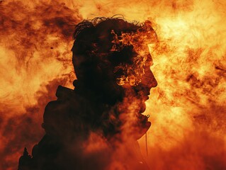 A man is in the middle of a fire, with his face obscured by smoke