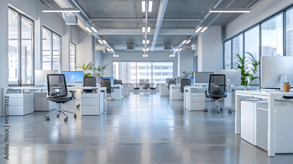 Wall mural a modern office interior with white desks and chairs, featuring large windows that create an open sp