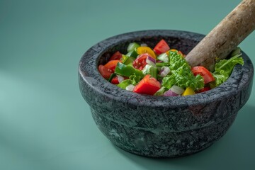 A bowl of salad with a black mortar and pestle in the middle