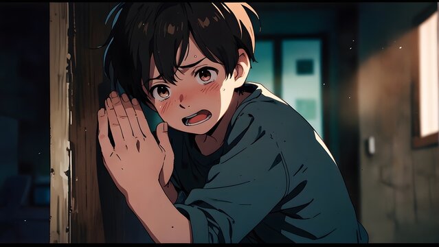 International Missing Children's Day, scared crying boy kidnapped, looking for help, fearful cinematic look, dark moody atmosphere