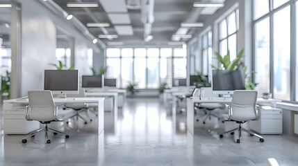 A modern office interior with white desks and chairs, featuring large windows that create an open space atmosphere. 