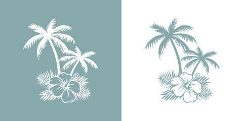 Fototapeta na wymiar Logo vacaciones en Hawái. Paraíso tropical. Silueta de flor de hibisco, hojas de monstera y la palma