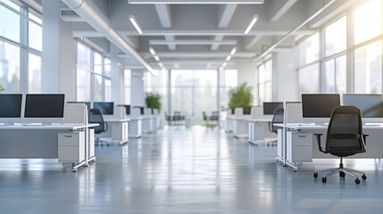 A modern office interior with white desks and chairs, featuring large windows that create an open space atmosphere. 